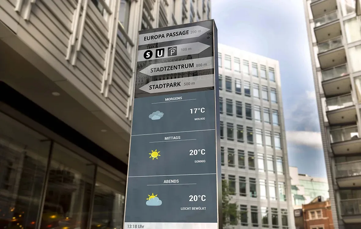 Digitales Stadtinformationsdisplay im Außenbereich zeigt Wegweiser und Wetterinformationen in einer modernen städtischen Umgebung.