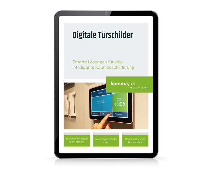 Erfahren Sie mehr über die digitale Raumbeschriftung mit den Türschildern von komma,tec redaction