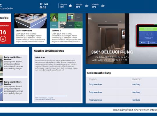 digitales schwarzes Brett mit verschiedenen Informationen aus dem Unternehmen