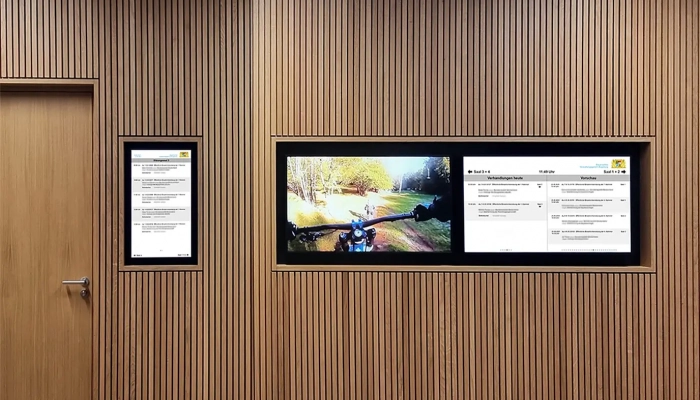 Digitales schwarzes Brett und Infoboard vor Gerichtssaal