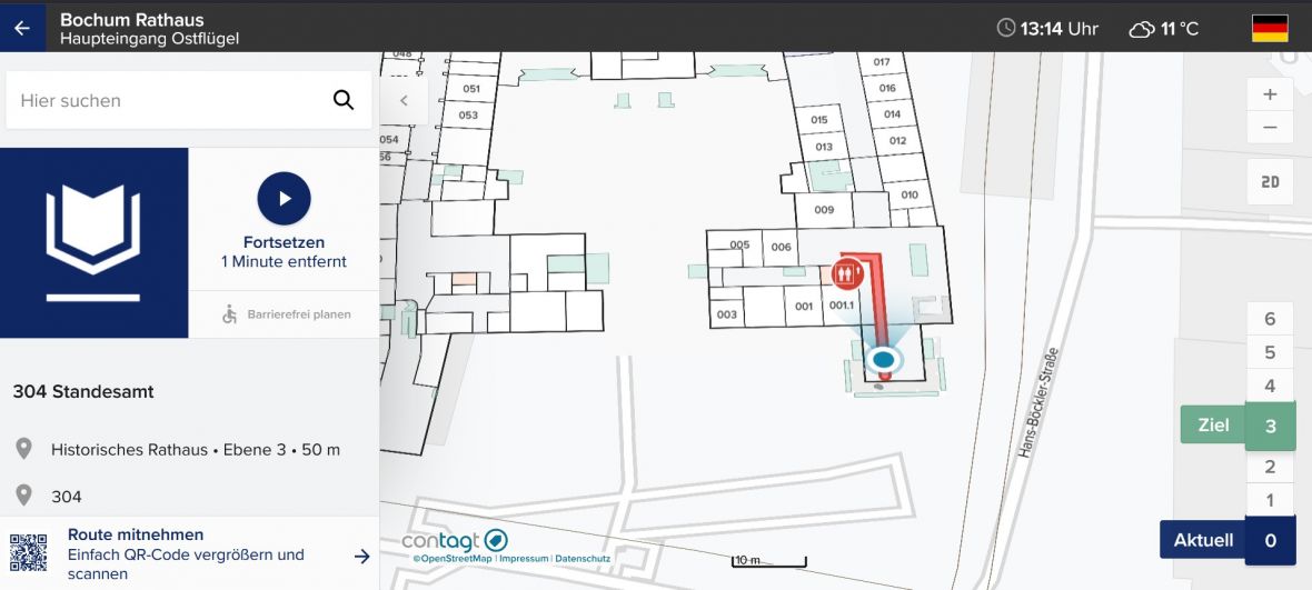 Zielführung starten - Wegeleitung Rathaus Bochum