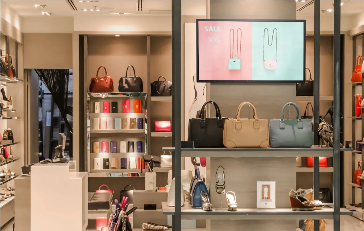 Displays mit Werbung in einem Lederwarengeschäft