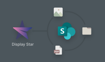 Grafik zeigt die Integration von Display Star und SharePoint Online. Inhalte wie Bilder, PDFs und Dateien werden durch die Verbindung nahtlos in das Digital Signage System importiert und angezeigt.