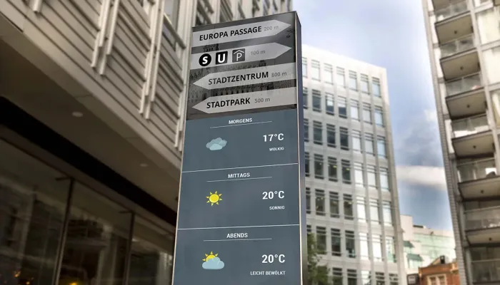 Digitaler Wegweiser mit Wetteranzeige in der Stadt
