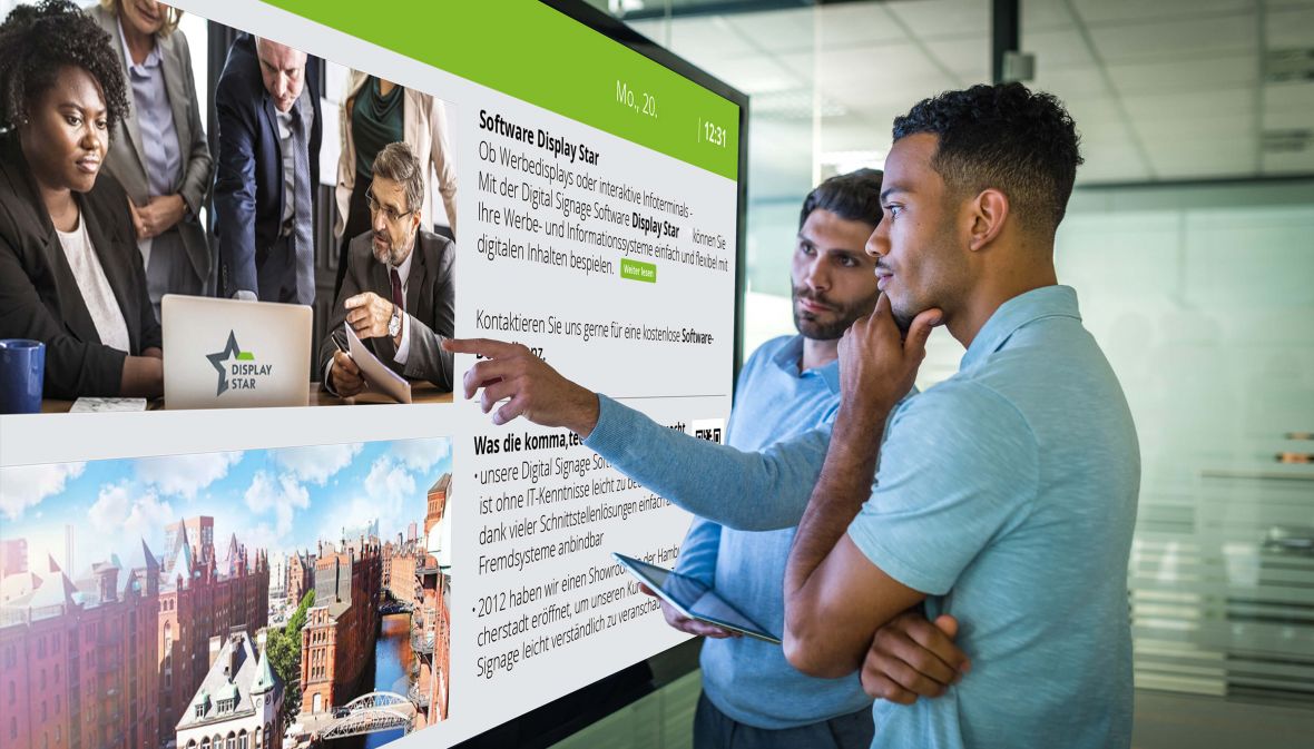 Lobbymonitore können mit einer Software wie Display Star ganz leicht von jedem Mitarbeiter mit Inhalten bespielt werden