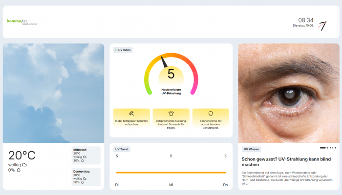 Der UV-Infoscreen von komma,tec red schützt Ihr Team