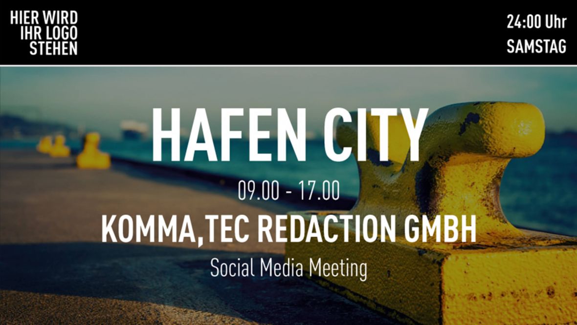 Digitales Display mit Event-Ankündigung für ein Social Media Meeting in der HafenCity, organisiert von komma,tec redaction GmbH, mit einem gelben Poller und Hafenhintergrund.