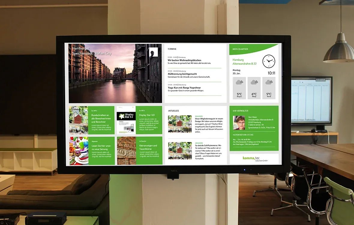 Ein Digitales Infoboard informiert Besucher und Mitarbeiter