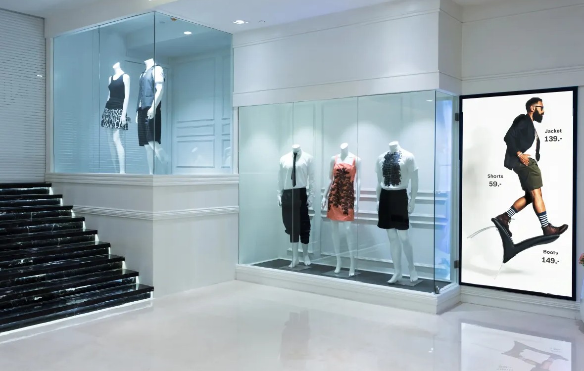 Elektronisches Werbedisplay mit Angeboten vor einem BekleidungsgeschÀft