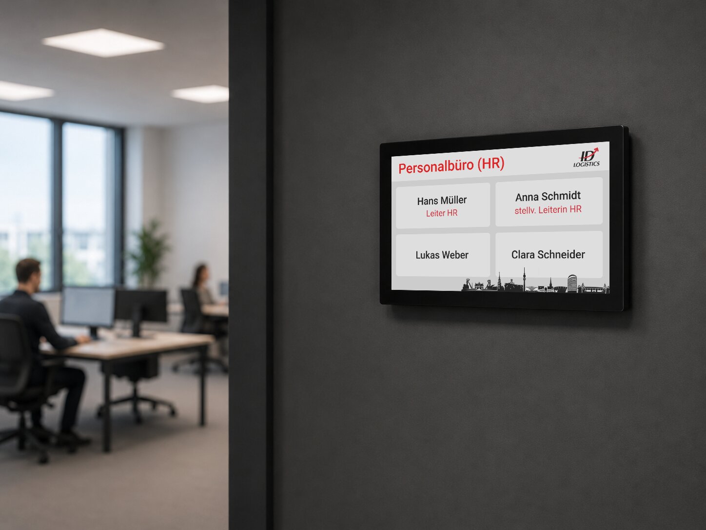 E-Paper Türschilder - Slider Solum 7zoll quer auf dunkler Wand IDlogistics