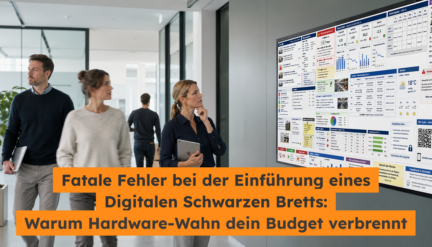 Ein komplett überladenes digitales schwarzes Brett ist zu erkennen und viele Menschen davor