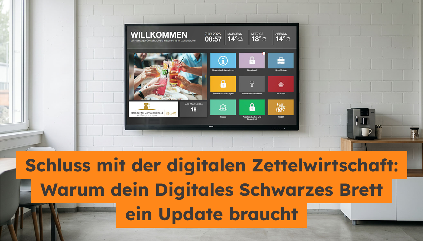 Es ist ein digitales schwarzes Brett auf einem Display zu sehen, das an der Wand hängt. Ein Text im Bild gibt den Titel des Blogbeitrags wieder.