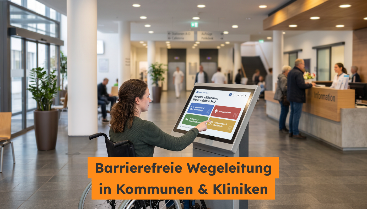 Eine Person, die im Rollstuhl sitzt, ist an einem Touch Terminal